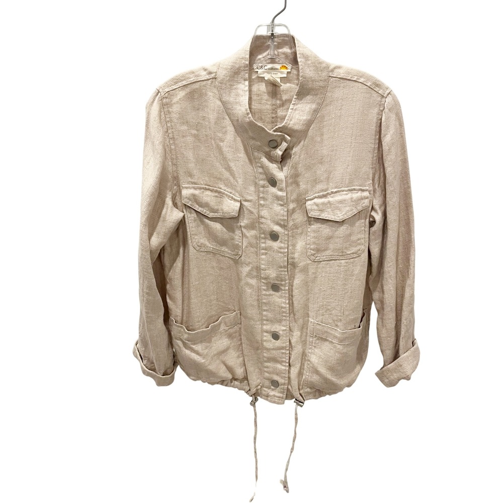 C&C California Linen Utility Jacket Oatmeal Beige Snap Front Boho - Size Small